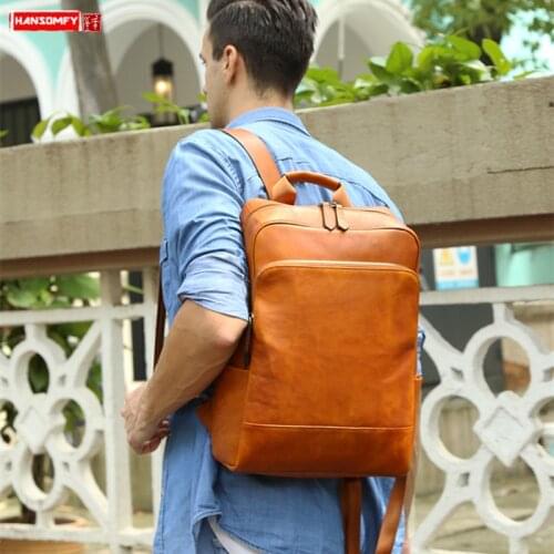 Retro Genuine Leather Mens Backpack Male Shoulder Bag Casual Business Laptop Bags School Large Capacity Travel Cow Leather Men