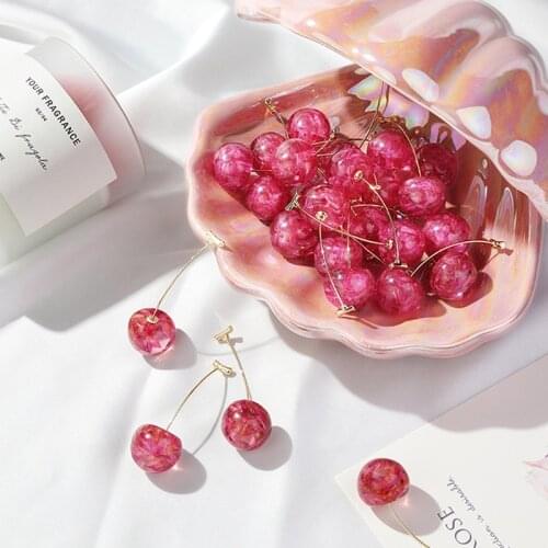 Sweet Clear Resin Cherry Earrings Chic Real Dry Flower Red Fruit Drop Dangle Earrings for Women Statement Party Jewelry Gift