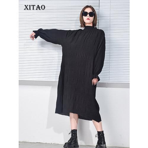 XITAO Casual Fold Dress Solid Black Women Autumn New Trendy Fashion New Style Stand Collar Elegant Pullover Solid Color ZY1348