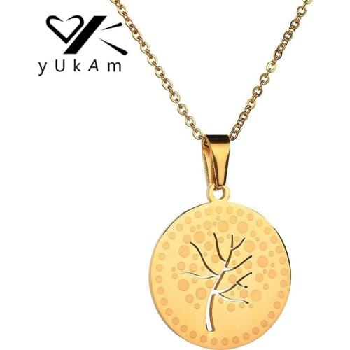 YUKAM Lucky Life Tree Pendant Short Chain Necklaces Gold Stainless Steel Circle Round Medallion Coin Necklaces Jewelry for Women