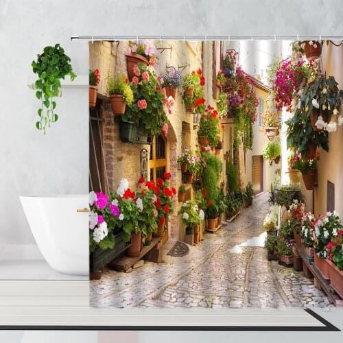 Garden Street View Shower Curtain Flowers Plants Pastoral Theme Home Decor Waterproof Bath Curtains Wall Decoration With Hooks