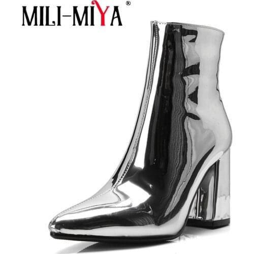 MILI-MIYA Patent Leather Sexy Women Ankle Boot Motorcycle Shoes Fashion Zip Pointed Toe Solid Autumn/Early Winter Handmade Lady