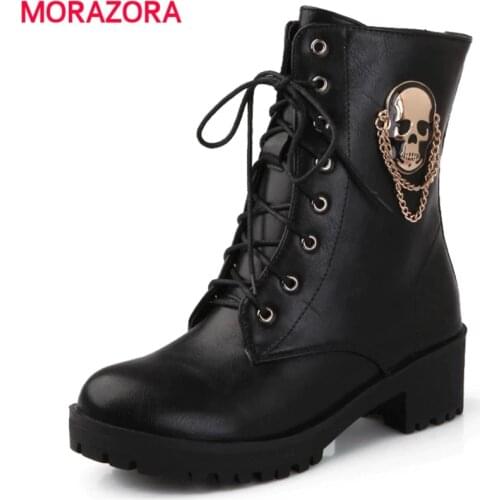 MORAZORA 2021 hot sale ankle boots for women skull street lace up platform womens boots fashion ladies autumn winter boots shoe