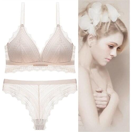 Womens Bra Thong Set Ultra-thin Underwear Lingerie Set Sexy Lace Brief Set Female Wire Free Push Up Bra And Panty Set Plus Size