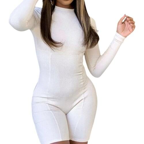 Women Close-fitting Overalls, Solid Color Round Collar Long Sleeve Slim Playsuit Spring Autumn