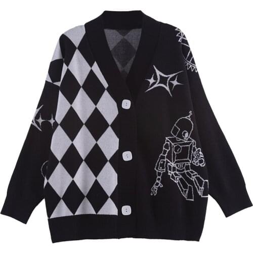 Cartoon Robot Women Knitted Cardigan 2021 Winter Warm Sweaters Korean Female V-neck Kawaii Purple Jumpers Girl Outwear Coat