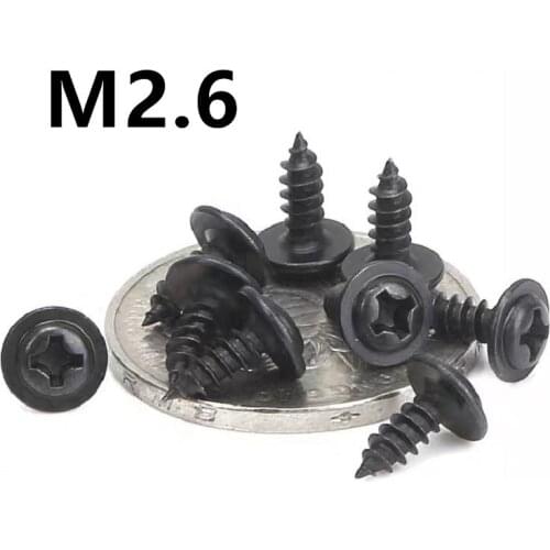500PCS M2.6x5/6/8/10/12mm Round Head Carbon Steel PWA Screws Self-tapping Screws Black Padded