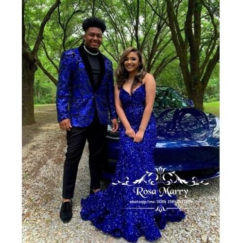 Glitter Royal Blue Sequined Mermaid Prom Dresses 2021 Corset Plus Size Trumpt Girls Pageant Formal Celebrity Evening Party Gowns