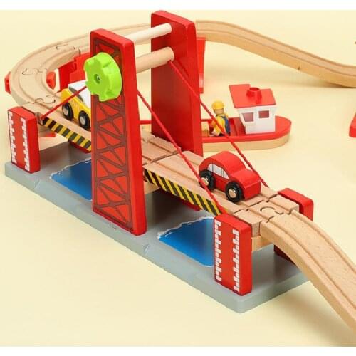 Wooden Train Track Toys Set Lifting Large Suspension Bridge Accessories Track Train Rail Transit Slot Wooden Railway Kids Toys
