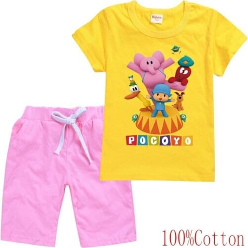 Kids pocoyoe Anime Toddler Boy Clothes 2021 Summer Cotton Short Sleeve T-Shirt+pink Shorts Cosplay Costume Girls Tops Pants Set