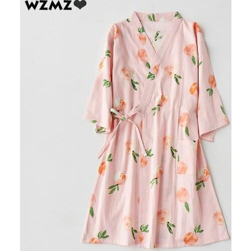 Spring Summer 100% Cotton Robes for Women Fashion V Neck Robe Sleepwear Peach Print Bathrobe Female Lace Up Thin Loose Kimono