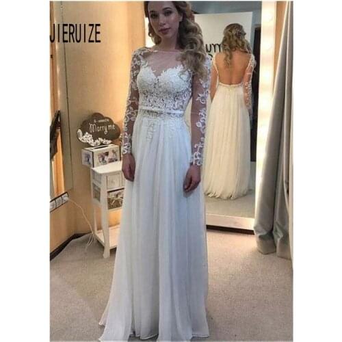 JIERUIZE Sexy Backless Wedding Dress Illusion Long Sleeve Scoop Neck Wedding Gowns Bow Sash Lace Appliques Boho Bride Dress