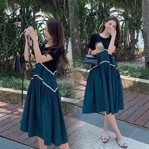 New Summer Maternity Dress Loose Korean Style Cotton Patchwork Green a-Line Dress Plus Size Pregnant Woman Loose Dress