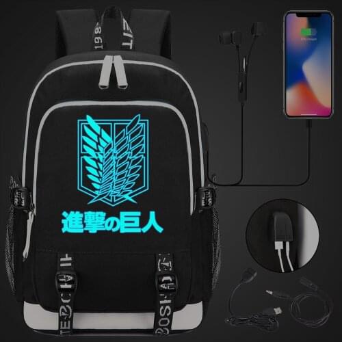 Anime Luminous Attack on Titan Backpack Teenager Boys Girl USB Charging Laptop Backpack Women Men Rucksack Kids Book Bag Mochila