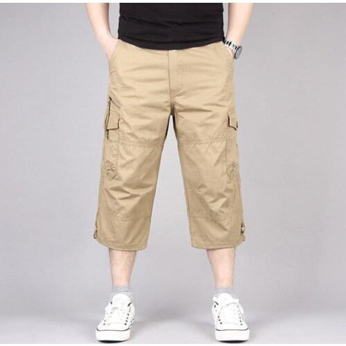 Men Casual Pants Solid Color Breathable Pocket Loose Straight Capri Cropped Pants Trousers 2021 Mens Clothing