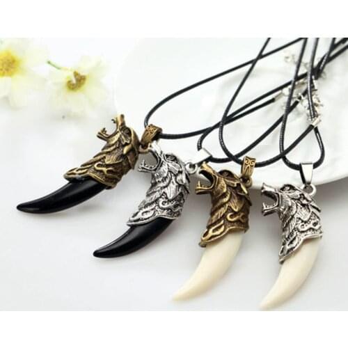 Men Antique Tribal Carved Wolf Fang Tooth Pendant Faux Leather Rope Necklace New