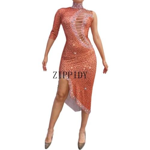 New Sparkly AB Rhinestones White Dress Stretch Evening Birthday Party Dress Party Costume Dance Show Dyeing Pattern Dress