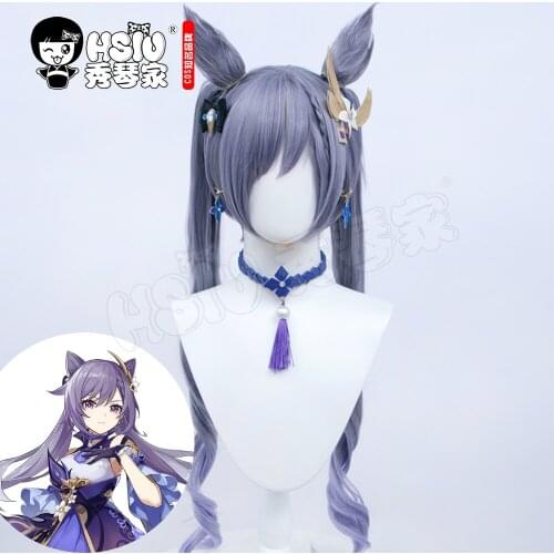 HSIU Genshin Impact Keqing cosplay Wigs Smoky purple double ponytail long hair Heat Resistant Synthetic Hair+Free gift wig cap