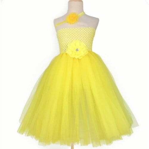Girls Yellow Flower Tutu Dress Kids Crochet Corset Tulle Dress Ball Gown with Hairbow Children Halloween Party Costume Dresses