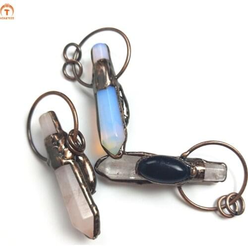 Natural Rose Quartz Pendant Clear Quartz Opal Oval Obisidian Pendant Bronze Bullet Shape Pendant Necklace For Women Jewelry Set