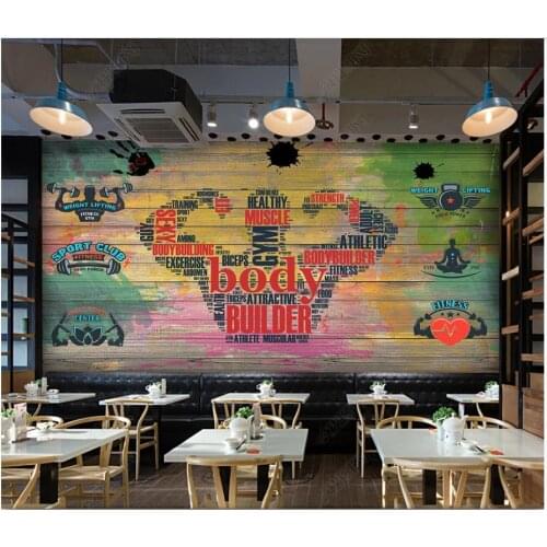 Custom wallpapers 3d murals wallpaper for walls 3 d Weightlifting gym wooden plank stylish graffiti restaurant background wall