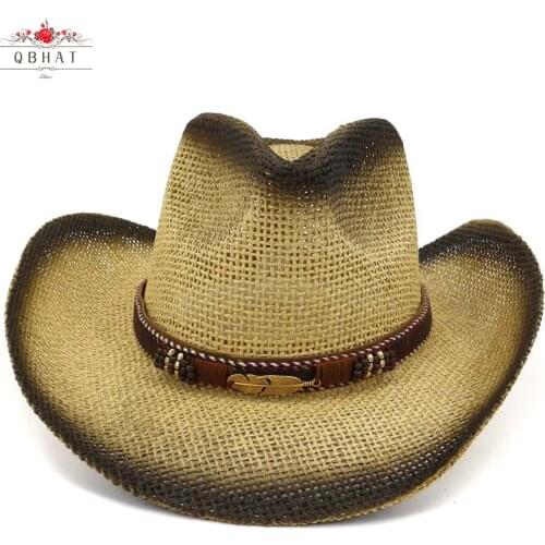 QBHAT Summer Black Spray Paint Paper Straw Cowboy Hat with Leather Band Wide Brim Women Men Outdoor Beach Cap Sun Protection Hat