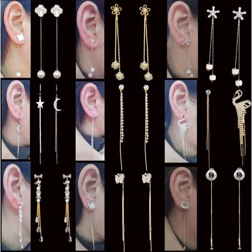 Crystal Earrings For Women Moon Star Swanjo Flower CZ Gem Tassel Long Threader Hanging Dangle Earring