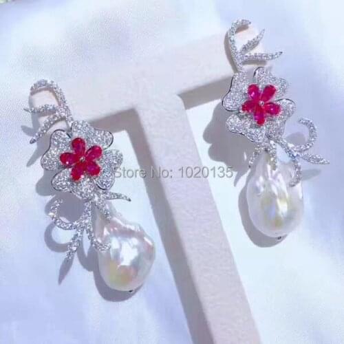 Freshwater pearl white reborn keshi red flower zircon hook earrings amazing for woman gift