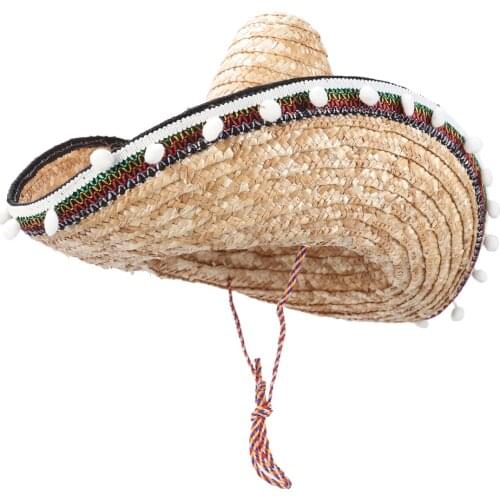 Pompom Hat Mexican Straw Hat Hawaiian Style Dressing up Props Party Supplies Birthday Gift Decoration 60CM (Grass Color)