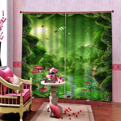 Custom 3D Cartoon Fairy Forest Mushroom Path Curtains Children Kids Bedroom half Blackout Window Drapes Sets 2 Panels With Hooks