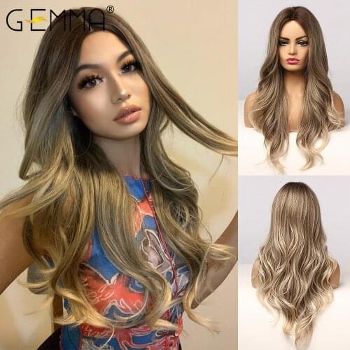 GEMMA Cosplay Synthetic Wig Middle Part Long Wavy Ombre Brown Ash Blonde Wigs for Black Women Afro Daily High Tempeqrature Hair