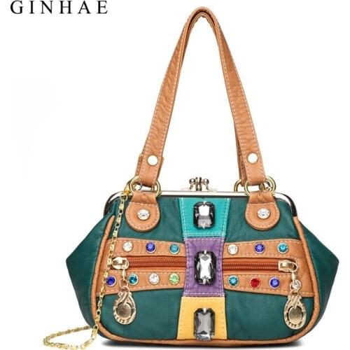 Vintage Diamond Top Handle Bags Patchwork PU Leather Handbag For Women Hasp Crossbody Messenger Bag Retro Chains Shoulder Bag