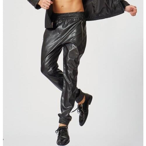 Warm fashion motorcycle faux leather pants mens feet pants Elastic waist Harlan pu trousers for men pantalon homme black