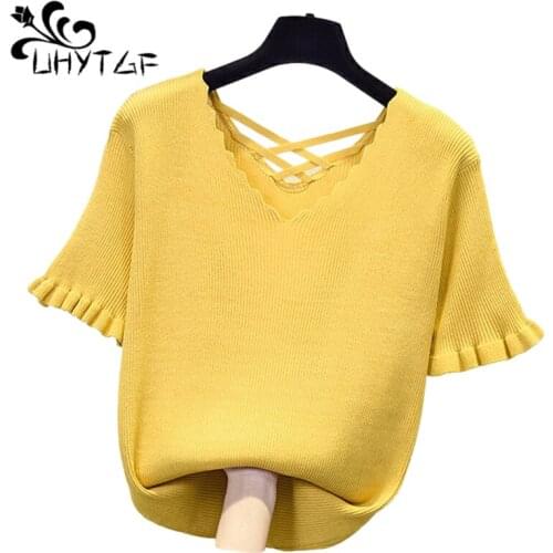 UHYTGF Summer T-Shirt Women Fashion Ice Silk Sexy V-Neck Knitted Top Female Short Sleeve Pullover Thin 4XL Plus Size T-Shirt1561