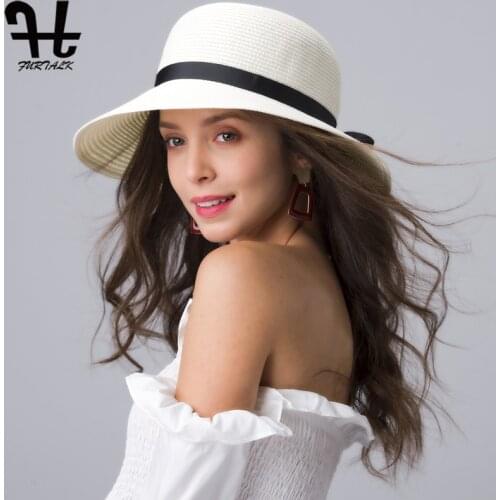 FURTALK Summer Straw Hat for Women Beach Sun Hat Wide Brim Travel Panama Bucket Hat Female Sun Protection Cap for Female 2020