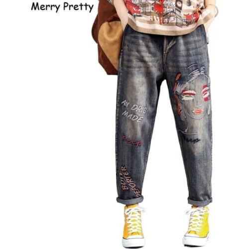 Womens Denim Harem Pants Cartoon Embroidery Pockets Jeans For Girl 2020 Spring High Waisted Casual Straight Pant MERRY PRETTY