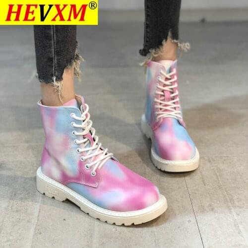 Womens Platform Chunky Boots Leather Ankle Boots For Women Colorful Woman Lace Up Zip Shoes Female Low Heels Big Size 35-43