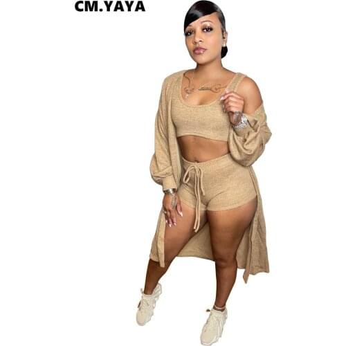 CM.YAYA Women Set Solid Full Sleeve Long Coats Crop Vests Drawstring Waist Shorts 3 Piece Sets Fashion Outfit Tracksuit Fall