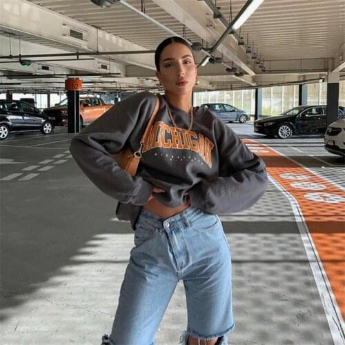 Women Casual Letter Print Dark Gray Sweatshirts Oversize Long Sleeve O Neck Loose Pullovers Female Tops 2021 Autumn Fashion Tops