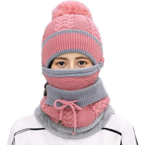 Sparsil Woman Winter Wool Knitted Scarf&Hat Set Female Velvet Thick Warm Bib Anti-fog Mask Beanie Outdoor Windproof Riding Cap