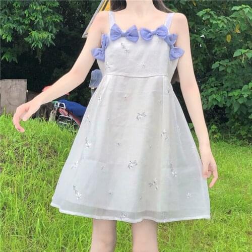 Womens 2020 Summer Japanese-Style Sweet Bow Stitching Mesh Embroidered Floral Sleeveless Dungaree Dress sweet lolita dress