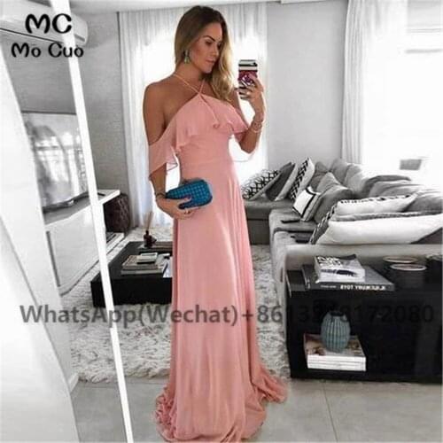 Halter 2021 Blush Pink Bridesmaid Dress Long Chiffon Formal Wedding Party Dress Backless Women Bridesmaid Dress Custom Made