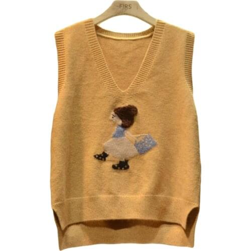 Sleeveless Cartoon Sweater Vest Women V Neck Knitwear Spring Fall Korean Fashion Knitted Top Outerwear Female Sweet Sweaters