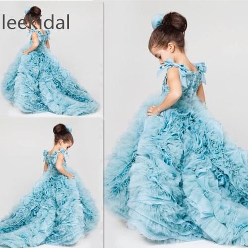 2021 Pretty Flower Girls Dresses Ruched Tiered Ice Blue Puffy Girl Dresses for Wedding Party Gowns Plus Size Pageant Dresses