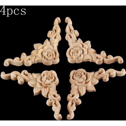 4pcs/lot Woodcarving Corner Decal Unpainted Wood Decal Corner Onlay Applique Frame Home European 3D Rose Decor Home 8*8cm