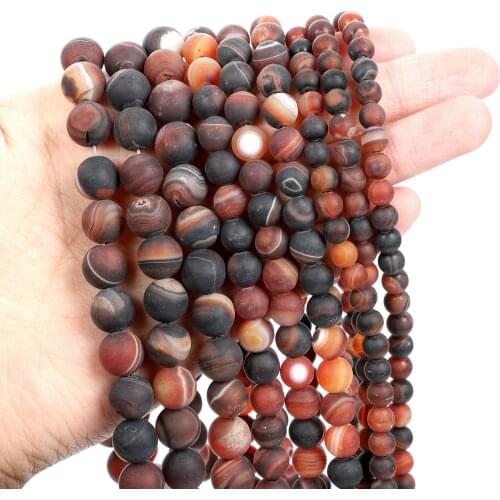 Natural Stone Beads Frosted Red Striped Agate Loose Beads for Jewelry Making Needlework DIY Bracelet Strand 4-12 MM