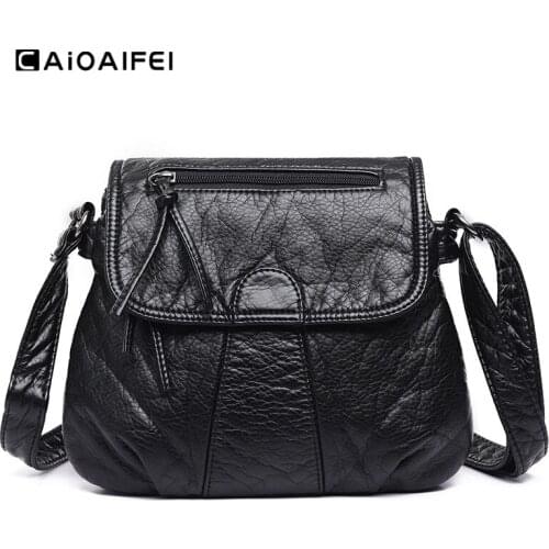 CAIOAIFEI vintage soft washed PU leather crossbody bags for women Double pocket women shoulder bags hotsale high quality handbag
