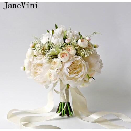 JaneVini White and Ivory Bride Flowers Artificial Rose Bouquet Fleur Bruid Wedding Bouquets Silk Peonies Bridal Hand Accessories