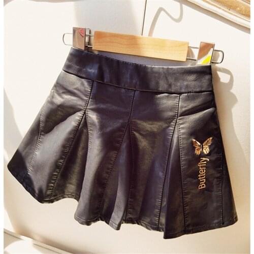 Spring Autumn New Baby Girls Skirts Fashion Embroidery Pleated Leather Skirt For Girls Kids Letter Black Mini Skirts Baby Skirt