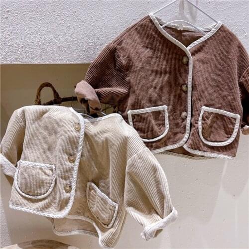 2021 New Autumn Unisex Kids Corduroy Coats Korean Style Solid Color Cardigan Jackets Toddlers Children Pockets Outerwear